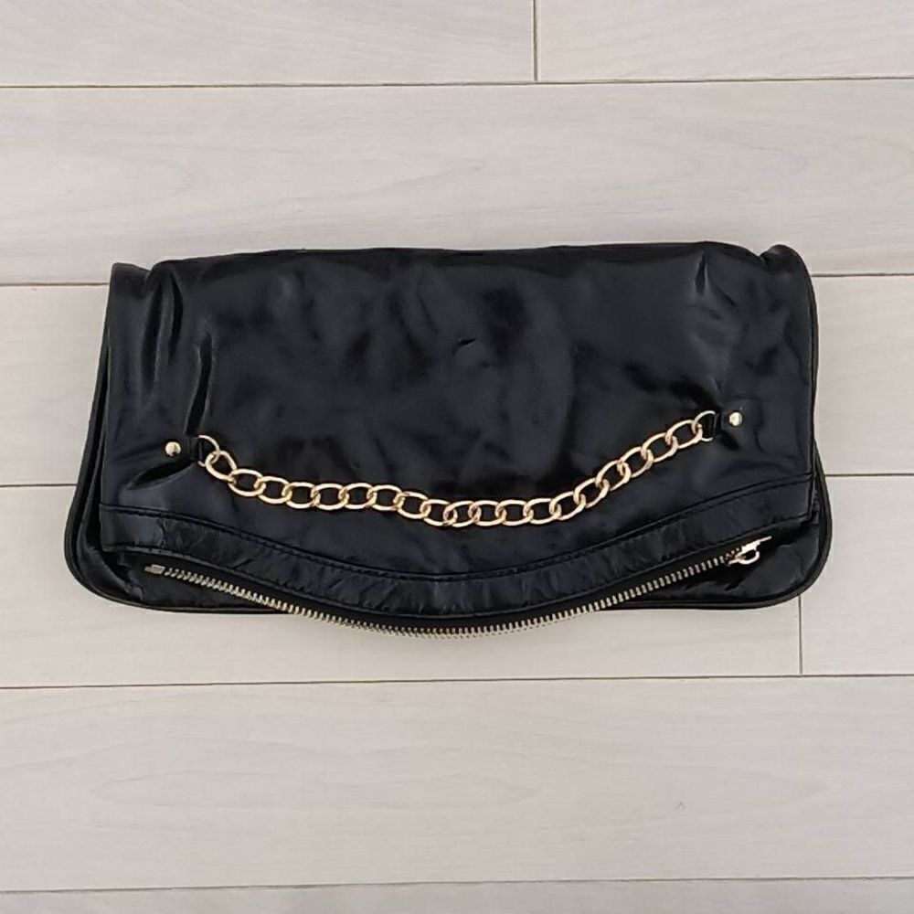 Joseph Charles Women's Black Leather Fold Over Convertible Clutch Shoulder Bag